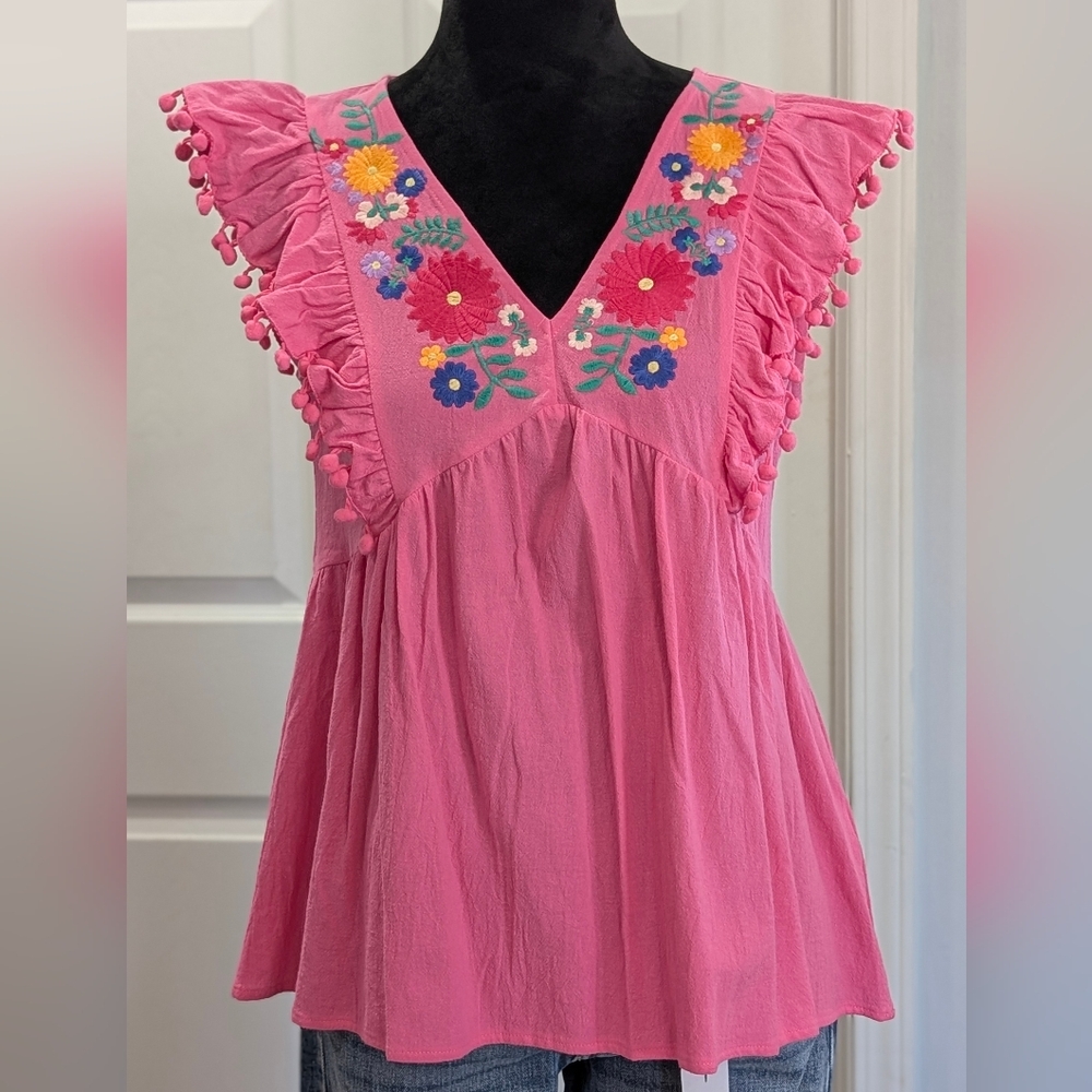 Pink Embroidered Ruffle Top